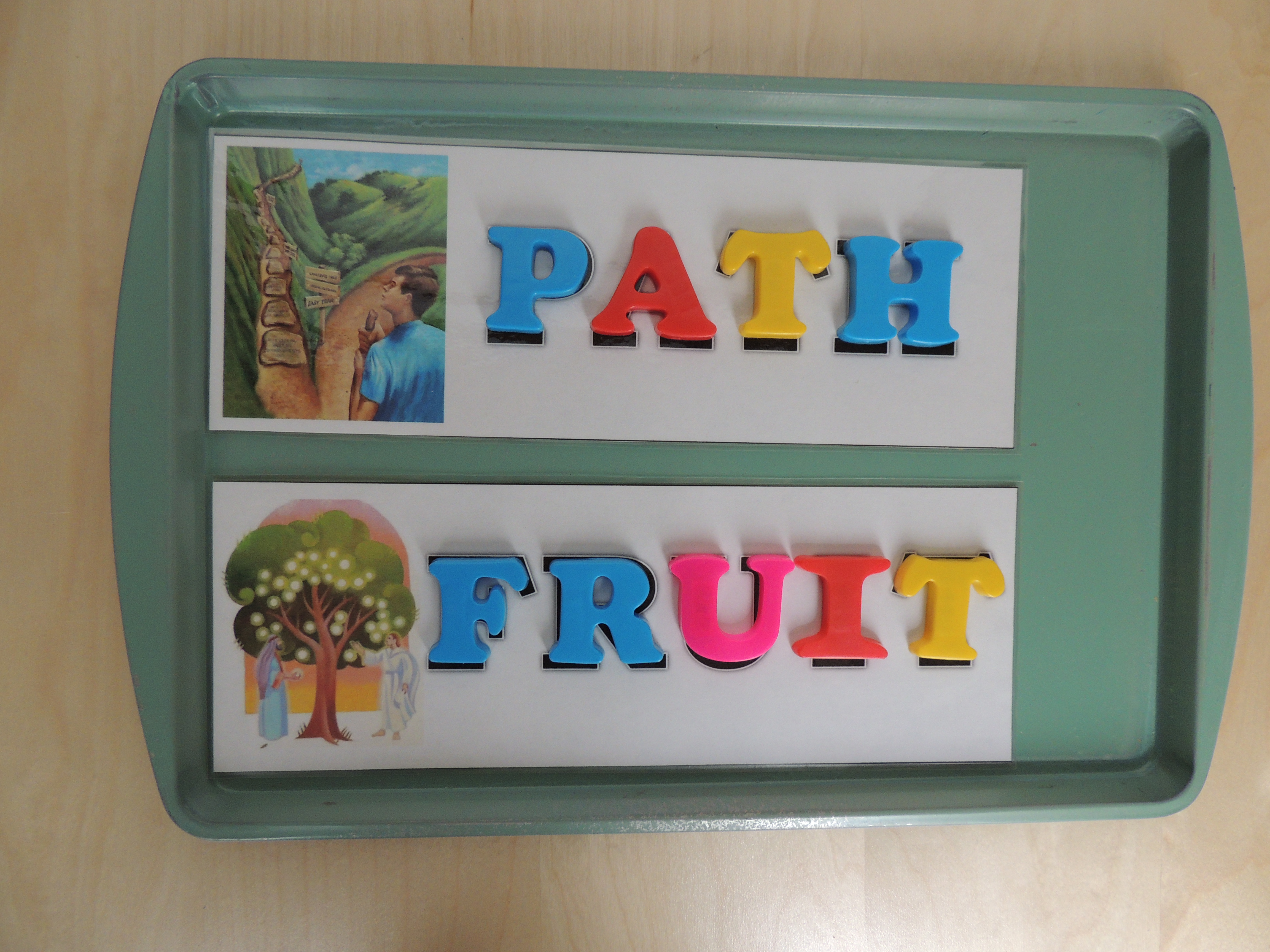 Toddler General Conference magnetic letter matching activity using magnetic letters and gospel picture cards