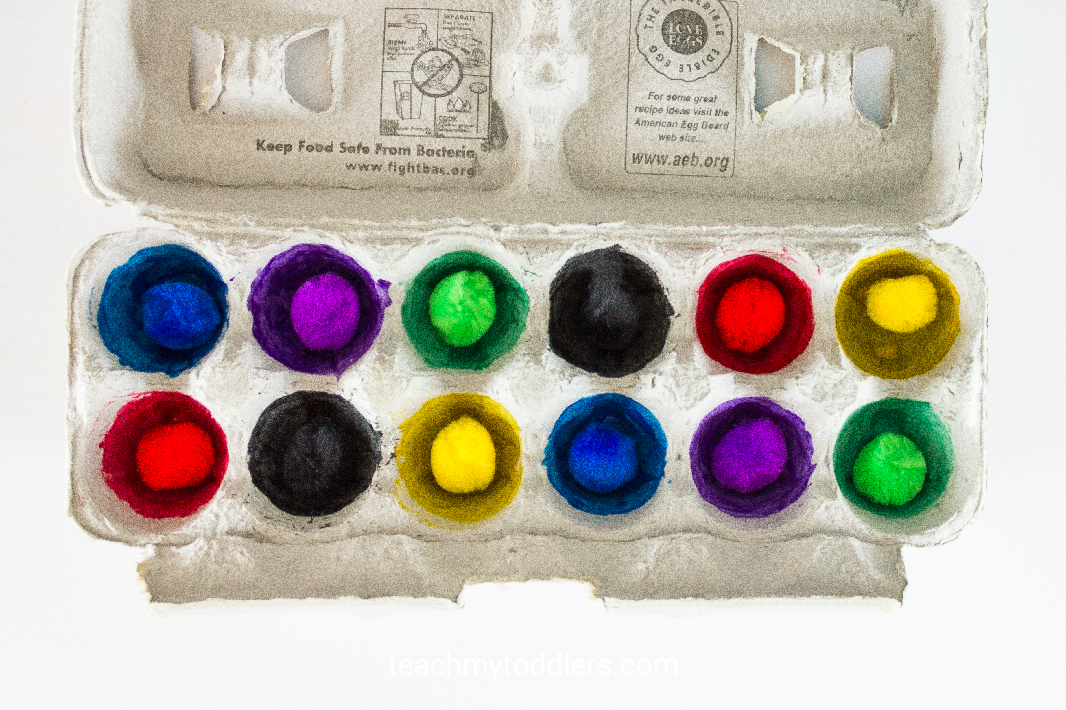 A fun activity using an egg carton and pom poms to teach colors to your toddler