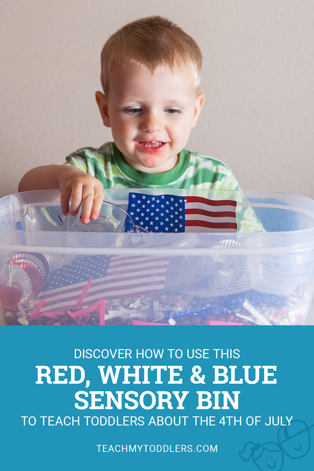 Discover how to use this red, white and blue sensory bin to teach your toddlers about the 4th of july